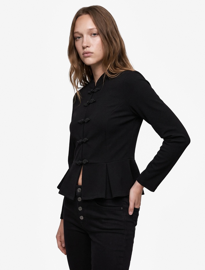 Mandarin Yaka Süslü Düğmeli Slim Fit Uzun Kollu Krep Tişört