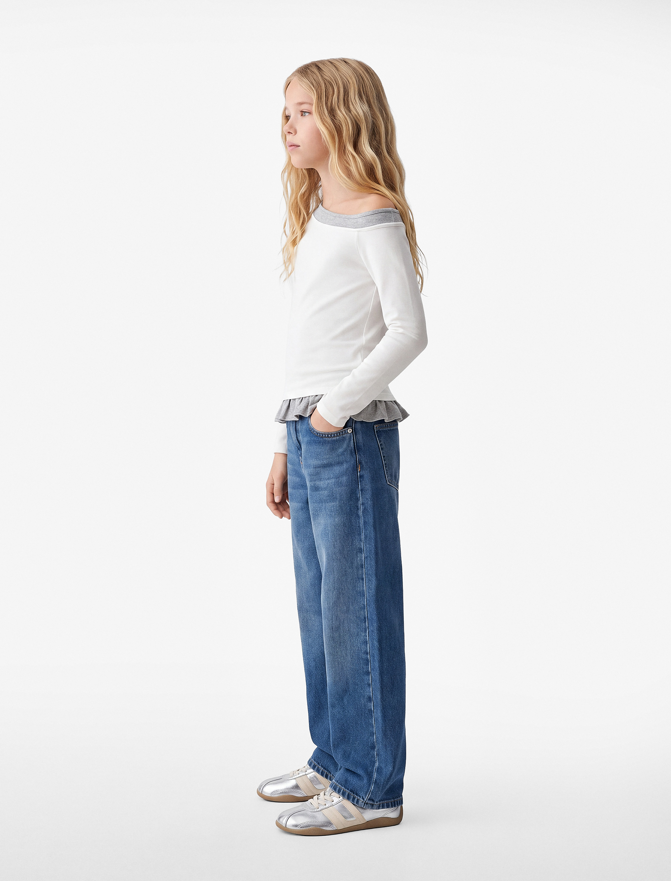  Kız Çocuk Ribanalı Asimetrik Kesim Viskon Karışımlı Kayık Yaka Uzun Kollu Slim Fit Tişört