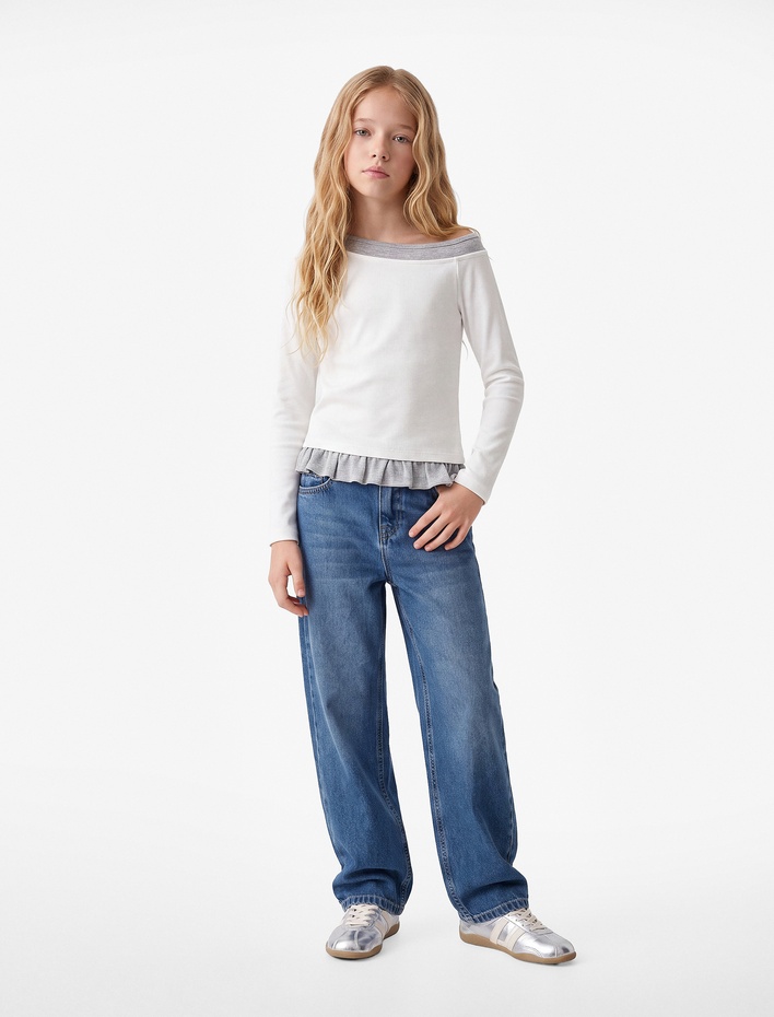 Kız Çocuk Ribanalı Asimetrik Kesim Viskon Karışımlı Kayık Yaka Uzun Kollu Slim Fit Tişört