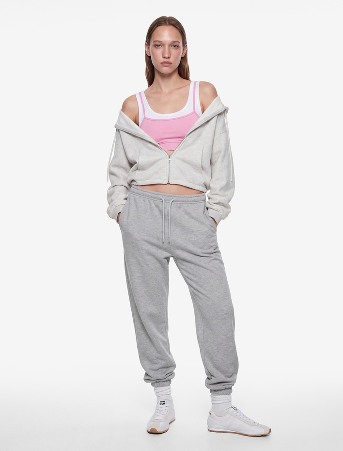  Simli Kapüşonlu Şardonlu Arkası Baskılı Crop Dansçı Sweatshirt