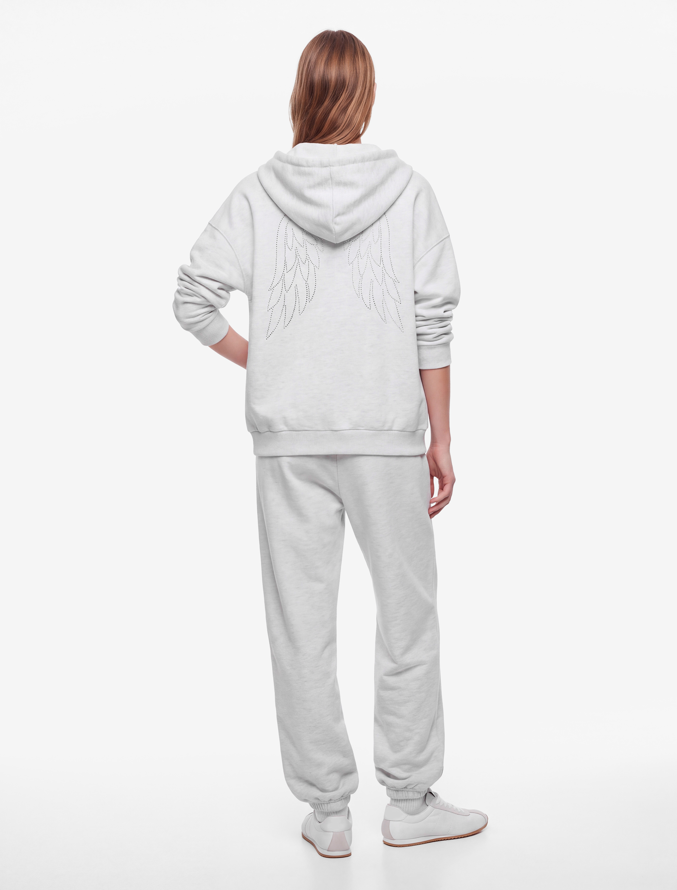   Kapüşonlu Dansçı Sweatshirt Arkası Melek Kanat Zımba Detaylı Rahat Kalıp Şardonlu Cepli Fermuarlı
