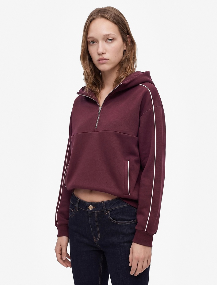  Üç İplik Şardonlu Rahat Kalıp Biyeli Cepli Kapüşonlu Yarım Fermuarlı Sweatshirt