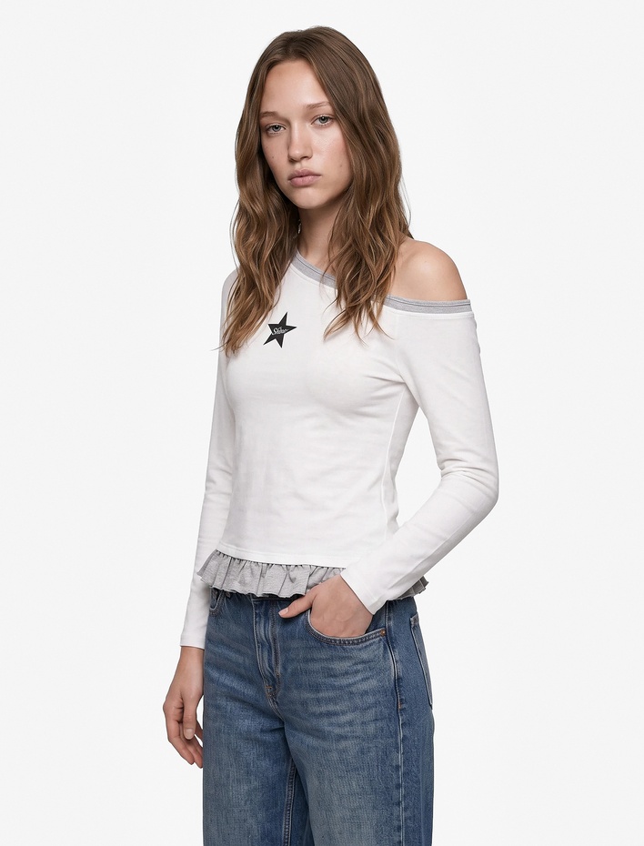  Slim Fit Nakışlı Asimetrik Yaka Katmanlı Fırfırlı Uzun Kollu Kaşkorse Tişört
