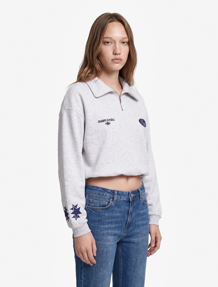  Üç İplik Şardonlu Rahat Kalıp Yarım Fermuarlı Uzun Kollu Baskılı Sweatshirt