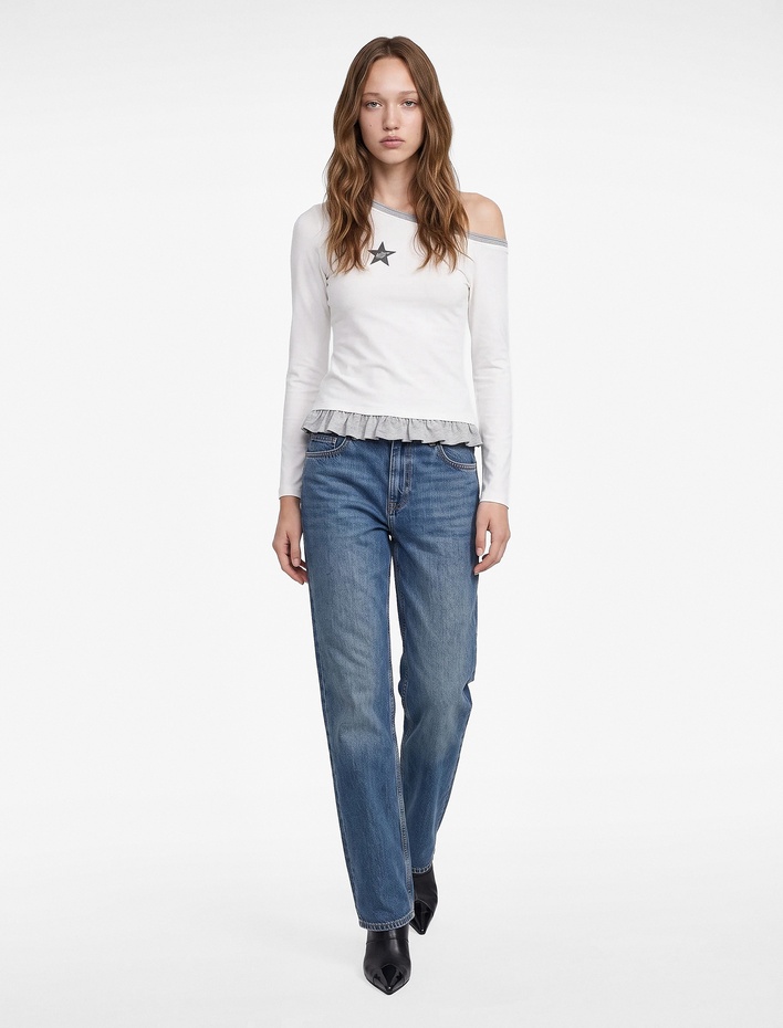  Slim Fit Nakışlı Asimetrik Yaka Katmanlı Fırfırlı Uzun Kollu Kaşkorse Tişört