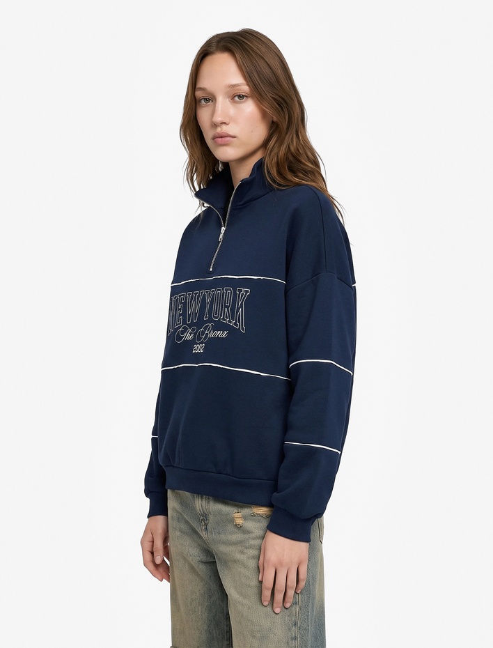  Üç İplik Şardonlu Baskılı Yarım Fermuarlı Oversize Sweatshirt