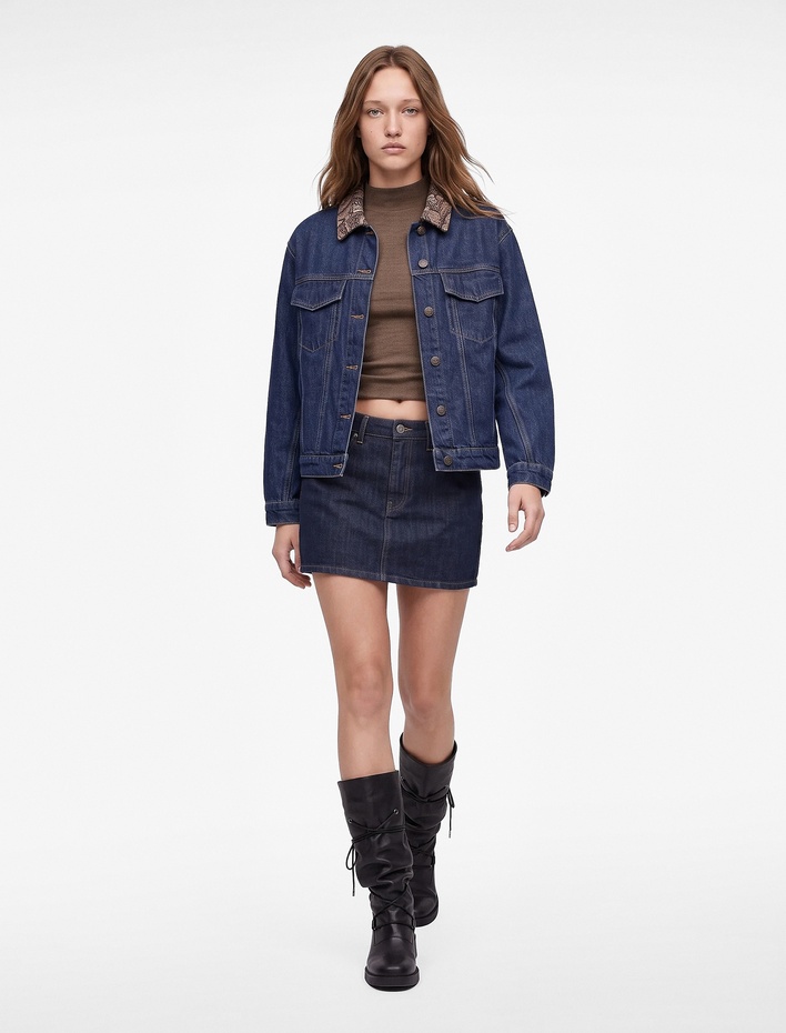  Cepli Rahat Kalıp Düğmeli Uzun Kollu Yakası Şal Desenli Denim Ceket