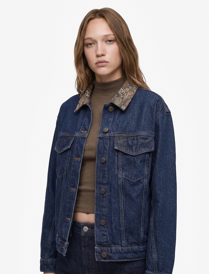  Cepli Rahat Kalıp Düğmeli Uzun Kollu Yakası Şal Desenli Denim Ceket