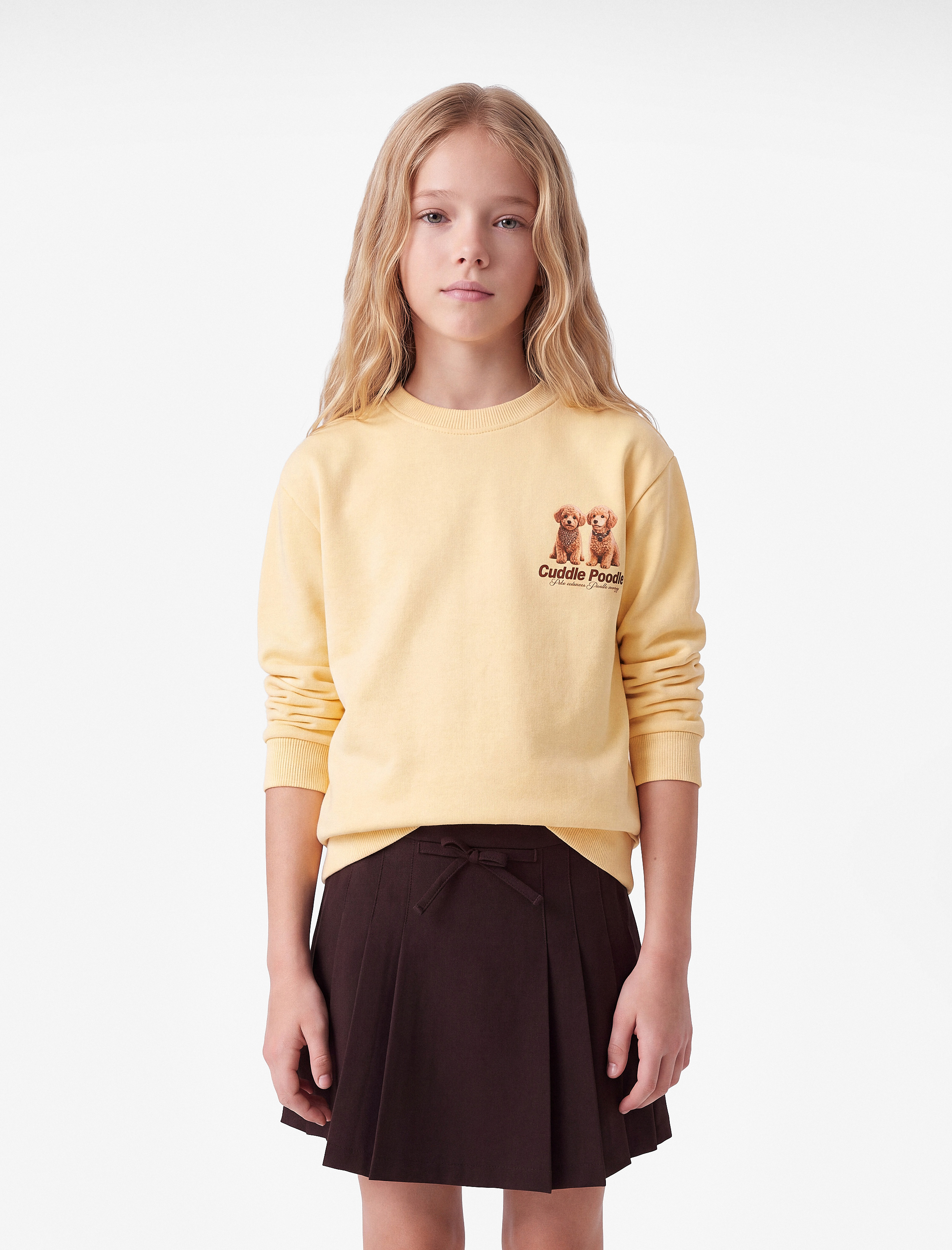  Kız Çocuk Köpek Baskılı Uzun Kollu Bisiklet Yaka Şardonlu Sweatshirt