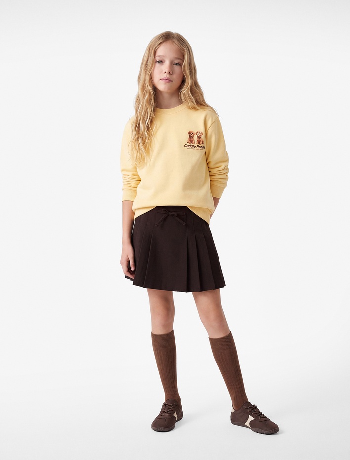 Kız Çocuk Köpek Baskılı Uzun Kollu Bisiklet Yaka Şardonlu Sweatshirt
