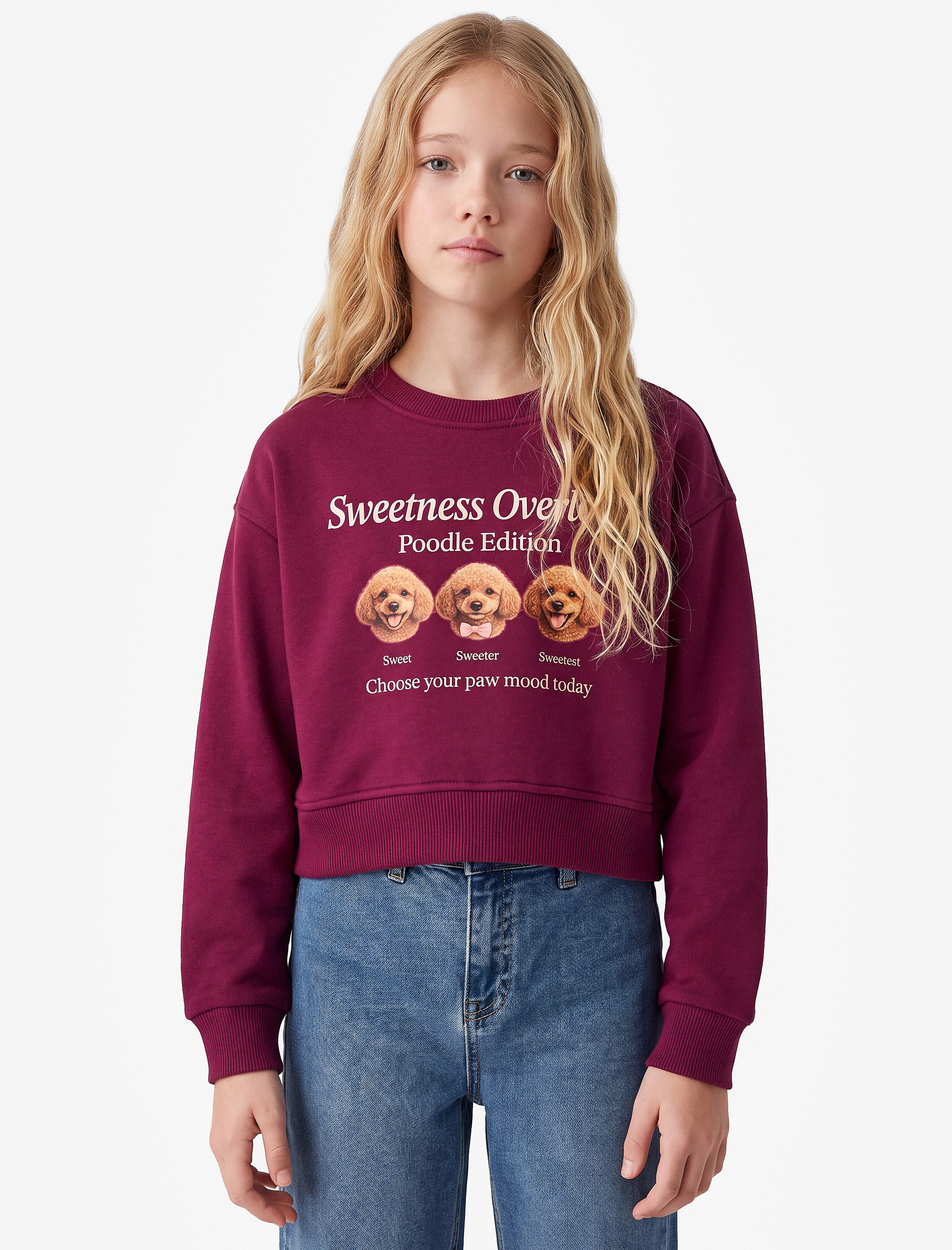  Kız Çocuk Uzun Kollu Bisiklet Yaka Şardonlu Köpek Baskılı Sweatshirt