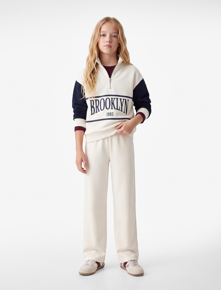Kız Çocuk Şardonlu Renk Bloklu Yarım Fermuarlı Baskılı Uzun Kollu Oversize Sweatshirt