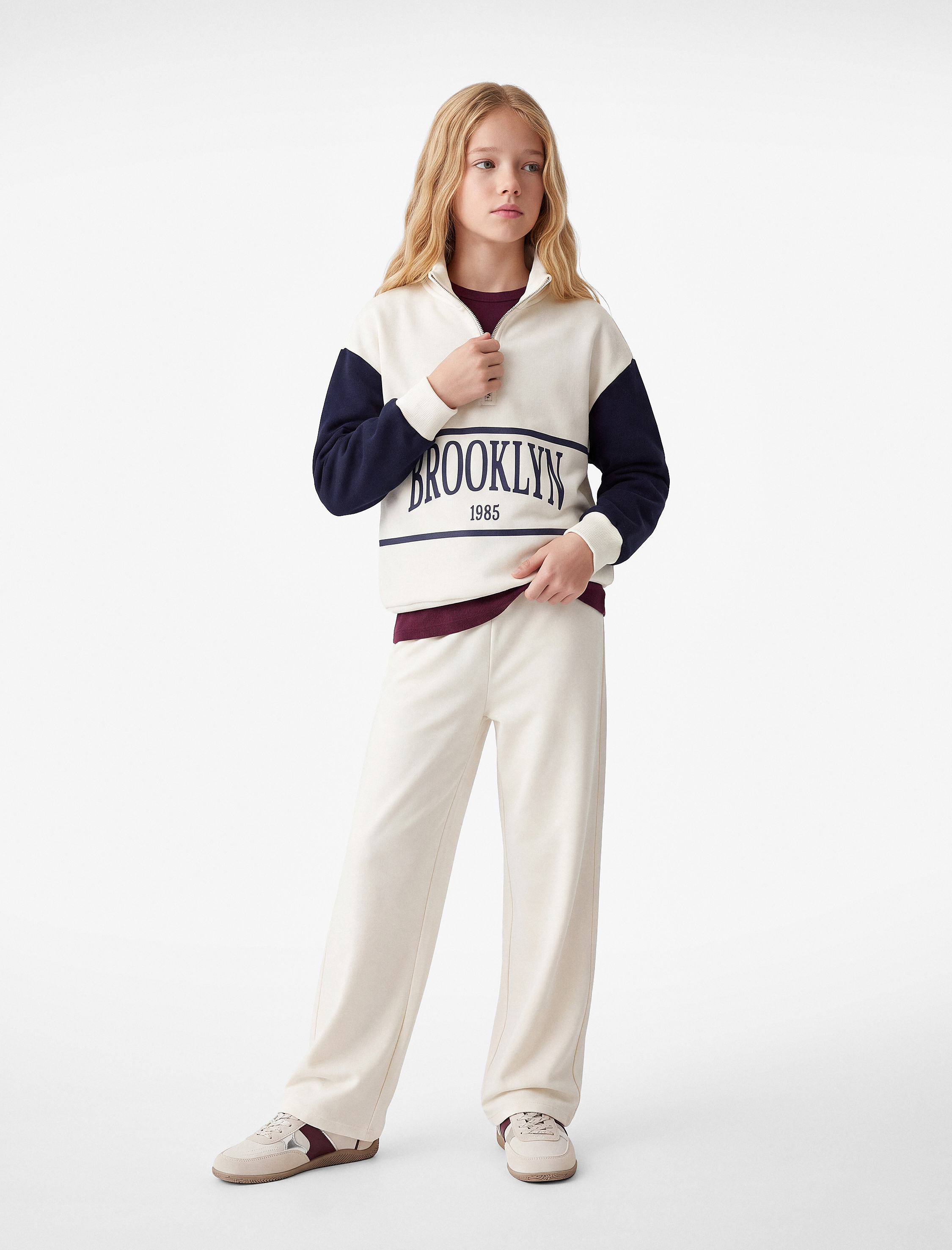  Kız Çocuk Şardonlu Renk Bloklu Yarım Fermuarlı Baskılı Uzun Kollu Oversize Sweatshirt
