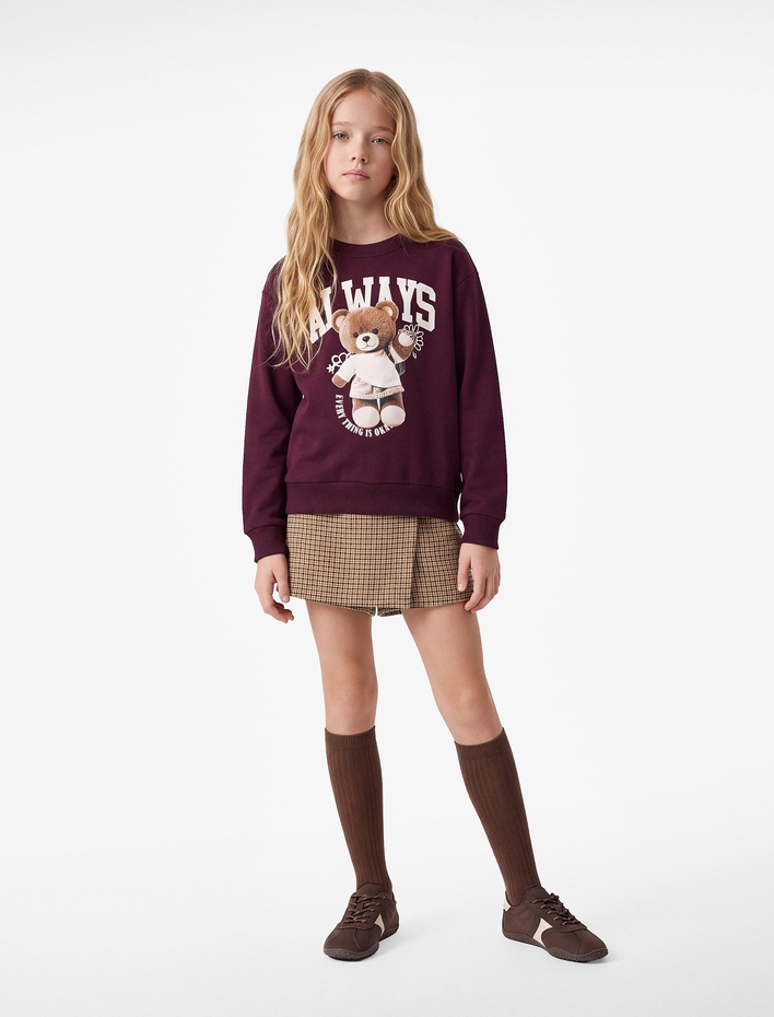 Kız Çocuk Ayıcık Baskılı Pamuklu Uzun Kollu Bisiklet Yaka Sweatshirt