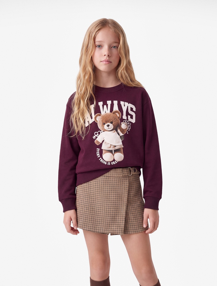 Kız Çocuk Ayıcık Baskılı Pamuklu Uzun Kollu Bisiklet Yaka Sweatshirt