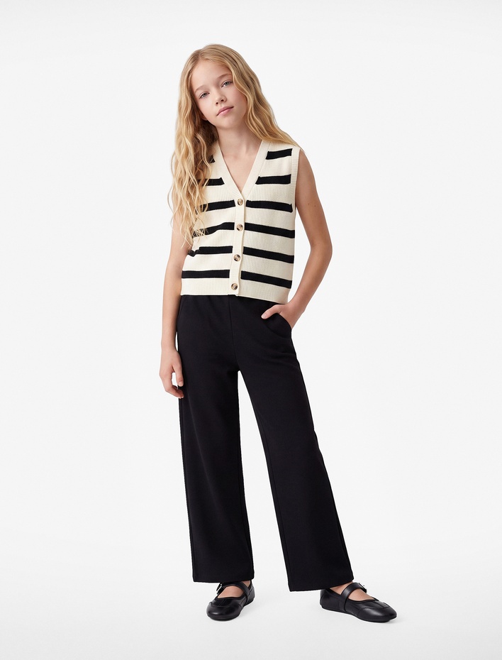 Kız Çocuk Beli Lastikli Basic Geniş Paça Pantolon