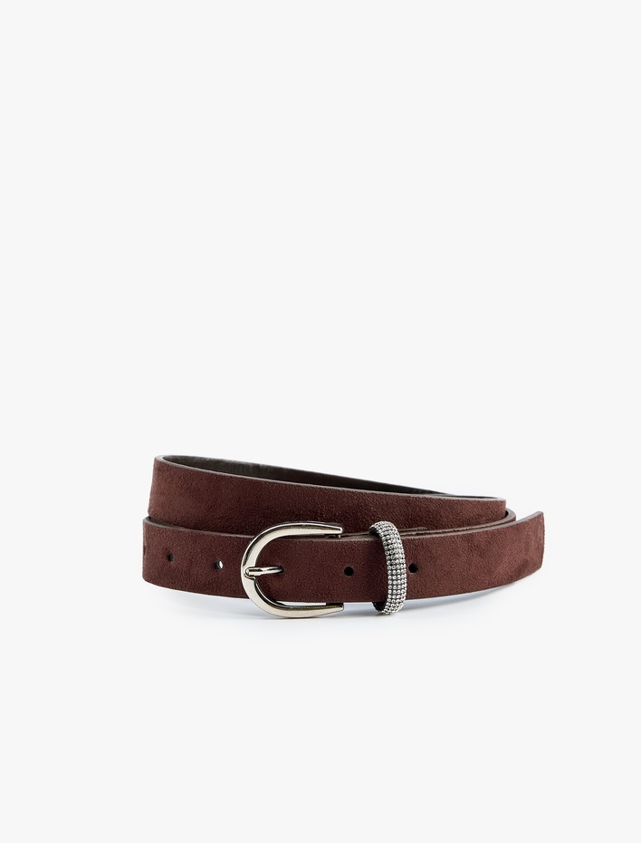 Kadın Taşlı Halkalı Metal Tokalı Suni Süet Kemer