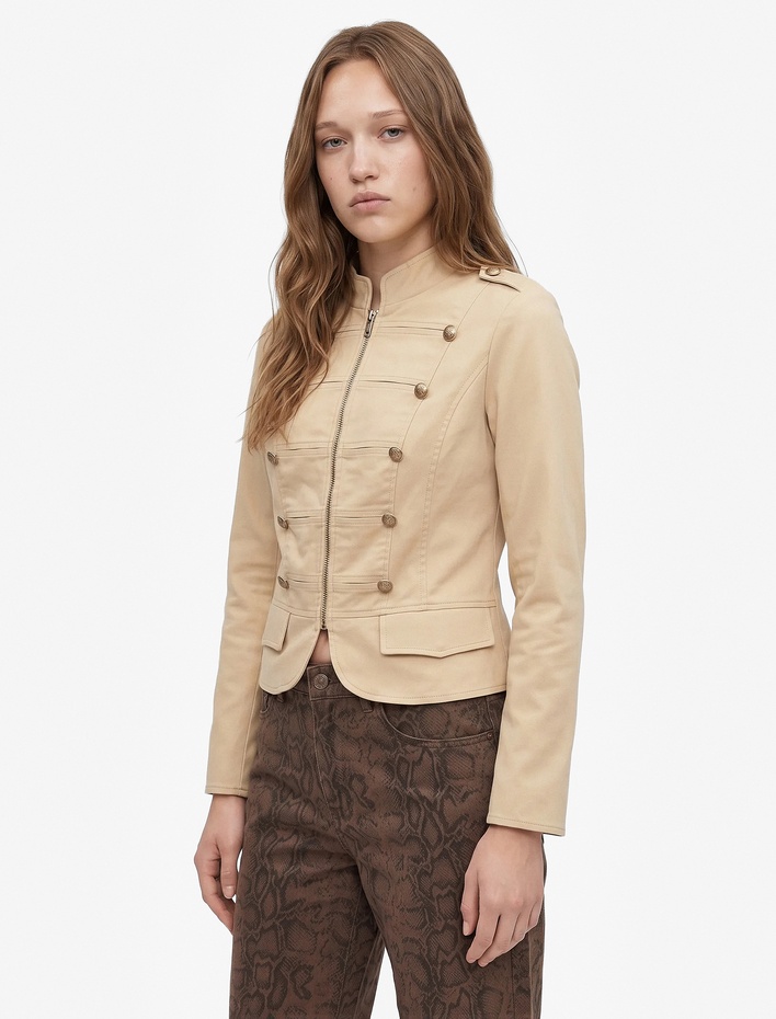  Gabardin Kumaş Metal Düğmeli Slim Fit Fermuarlı Dik Yaka Military Ceket