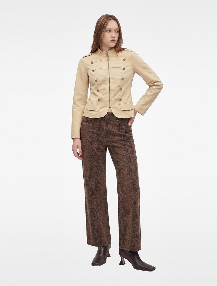  Gabardin Kumaş Metal Düğmeli Slim Fit Fermuarlı Dik Yaka Military Ceket