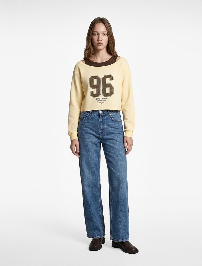  Şardonlu Rahat Kalıp Bisiklet Yaka Uzun Kollu Katmanlı Baskılı Sweatshirt