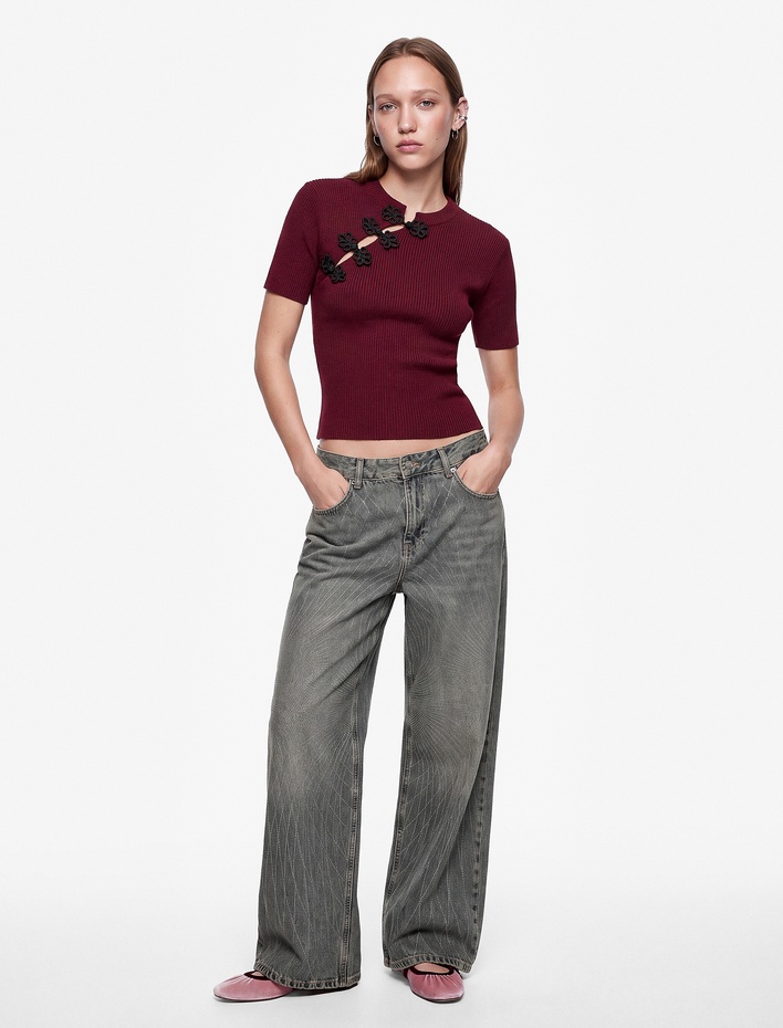  Süslü Düğmeli Mandarin Yaka Kısa Kollu Slim Fit Triko Kazak