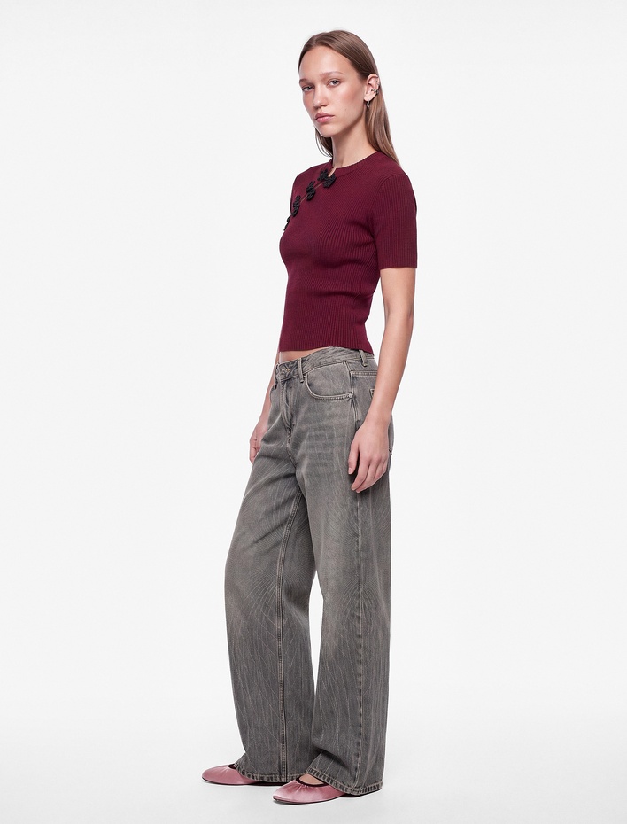  Süslü Düğmeli Mandarin Yaka Kısa Kollu Slim Fit Triko Kazak