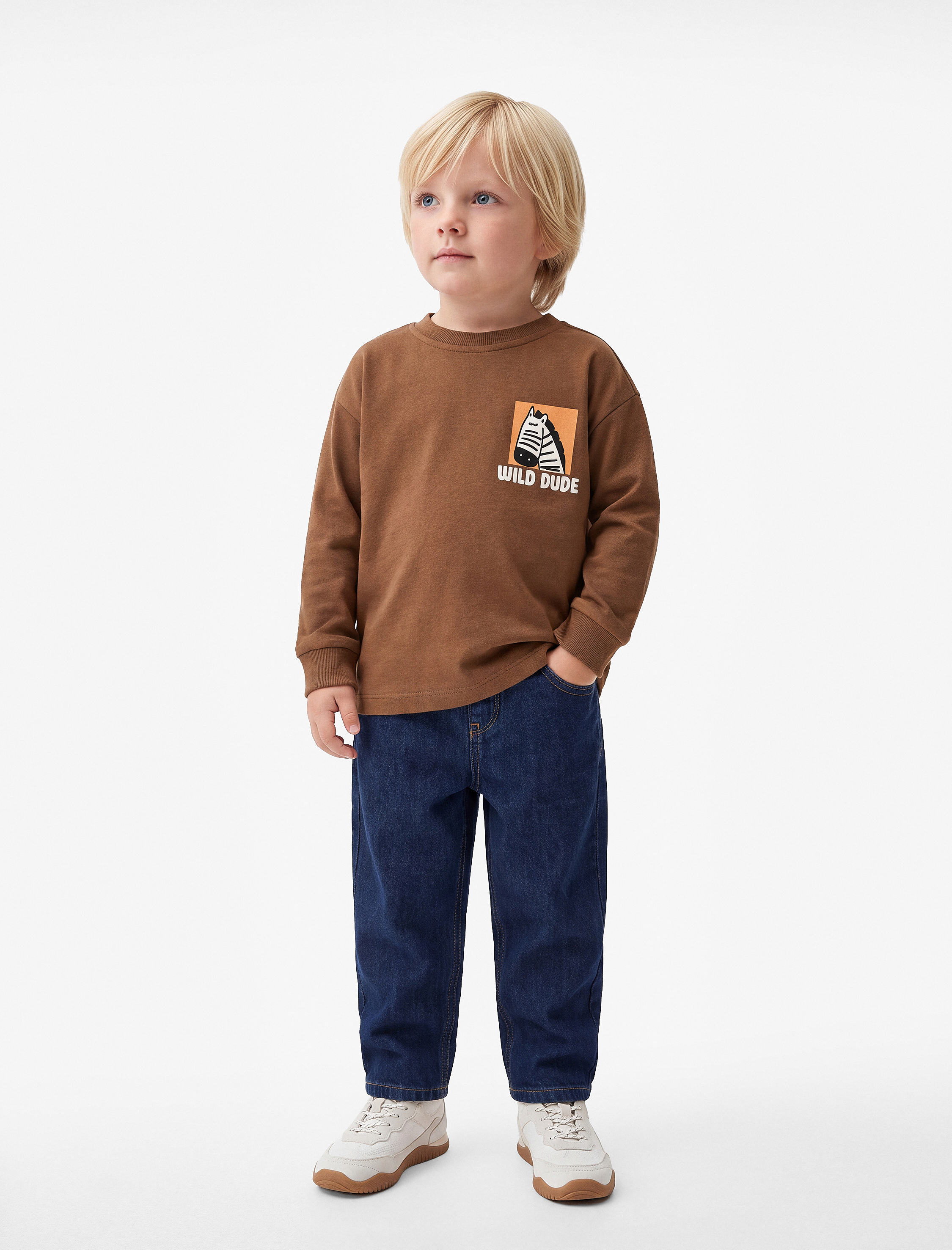  Erkek Bebek Baskılı Pamuklu Bisiklet Yaka Uzun Kollu Oversize Tişört