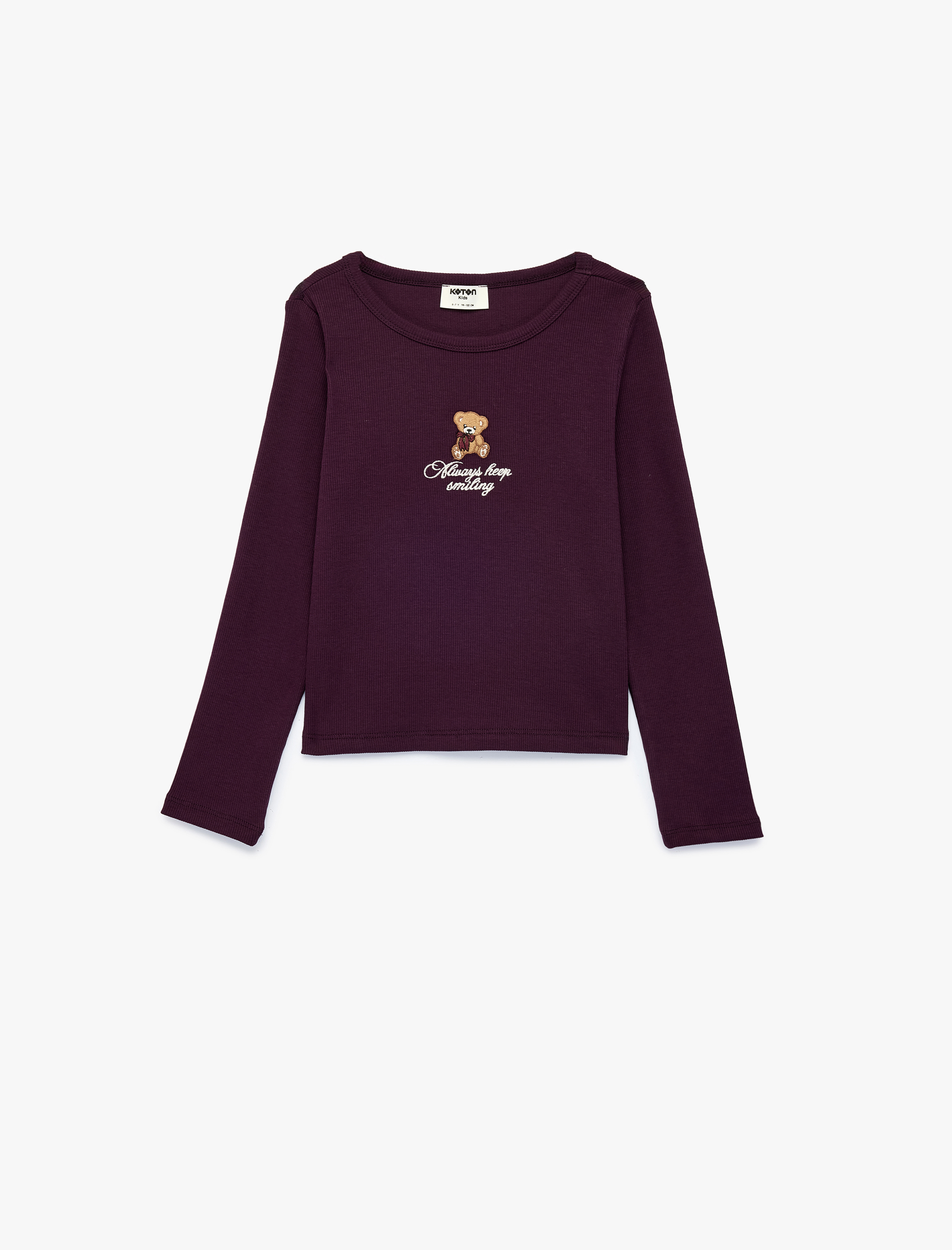  Kız Çocuk Ayıcık Nakışlı Kaşkorse Slim Fit Bisiklet Yaka Uzun Kollu Pamuklu Tişört