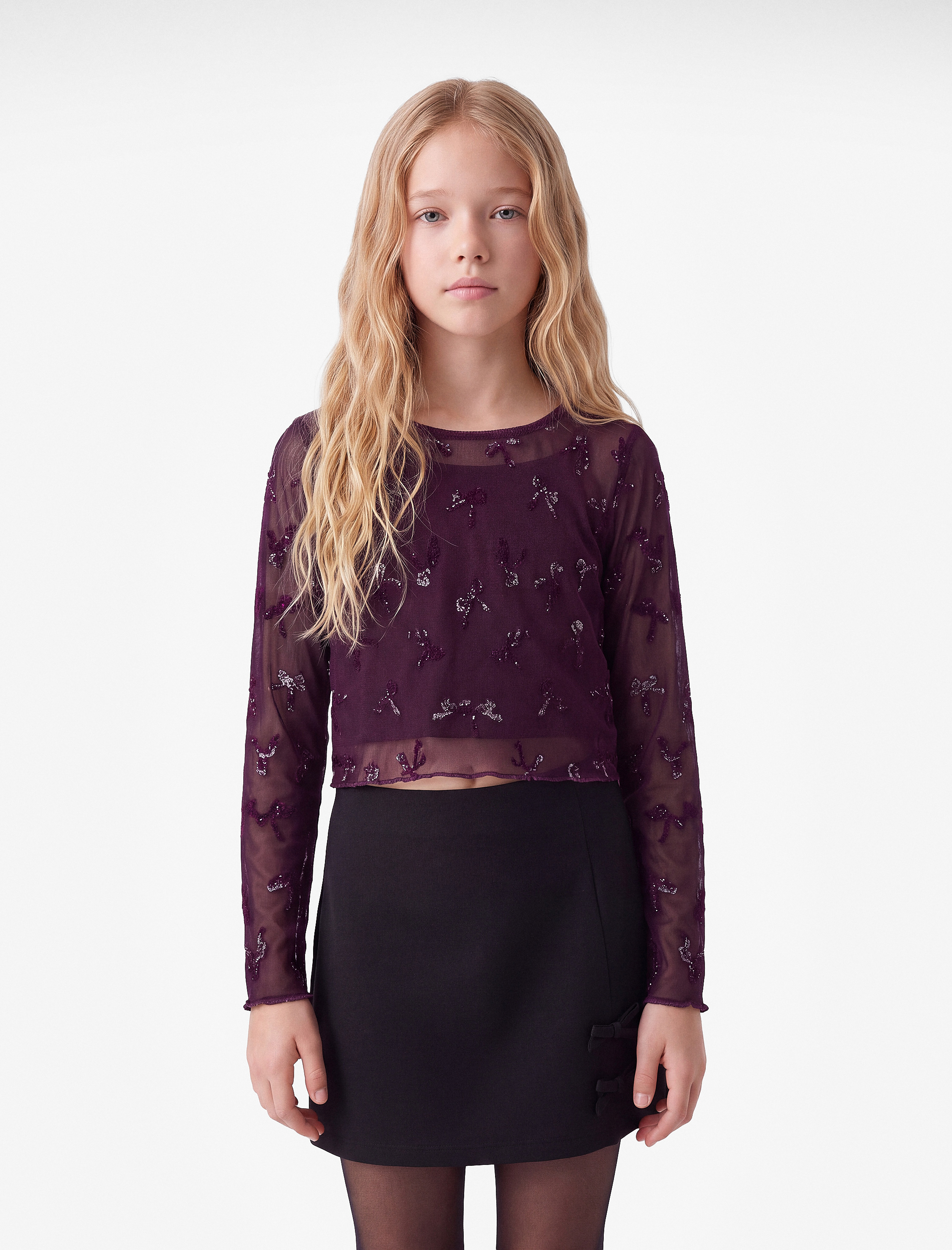  Kız Çocuk Fiyonk Detaylı Uzun Kollu Simli Tül Detaylı Crop Bluz