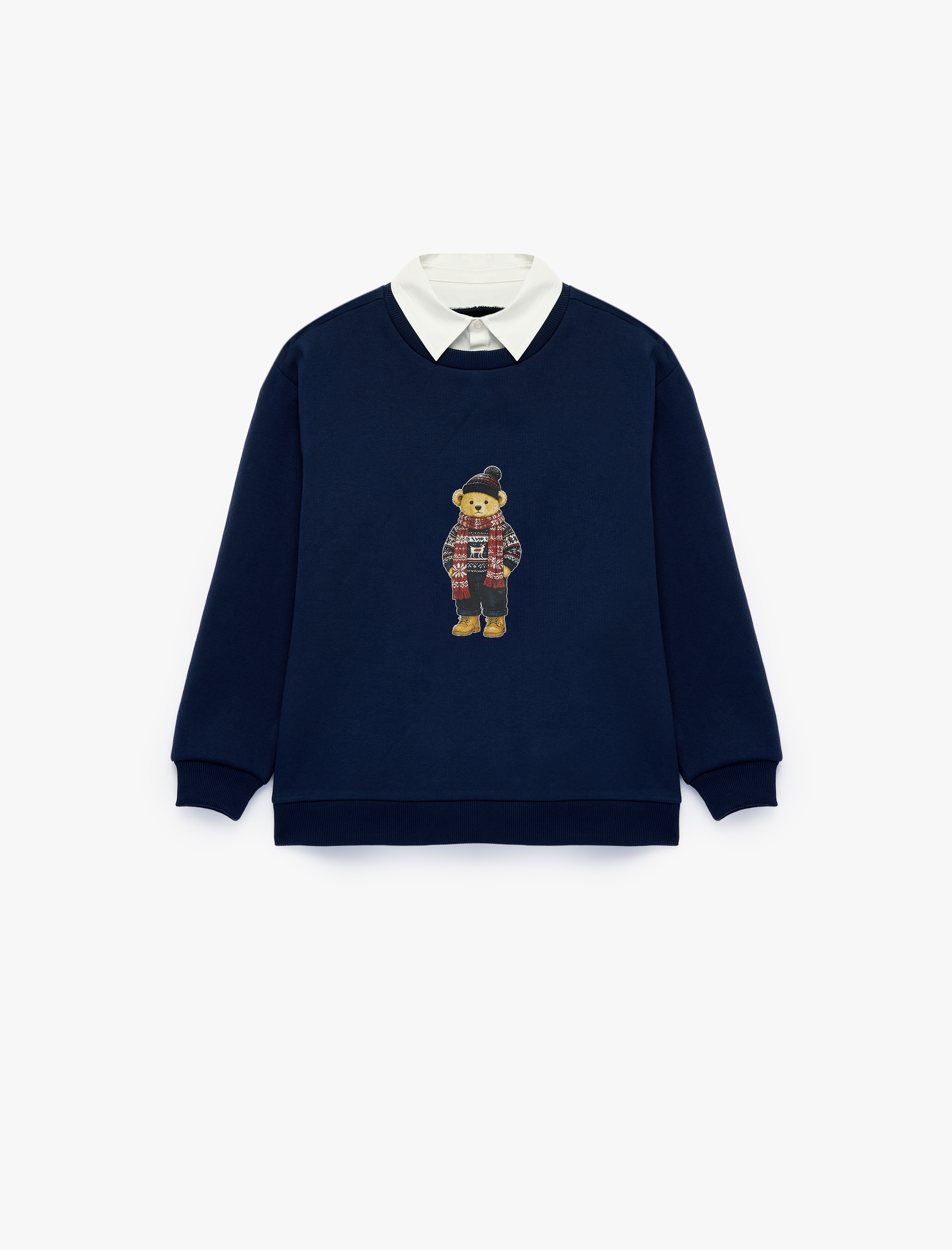  Erkek Çocuk Ayıcık Baskılı Pamuklu Uzun Kollu Yakalı Oversize Sweatshirt
