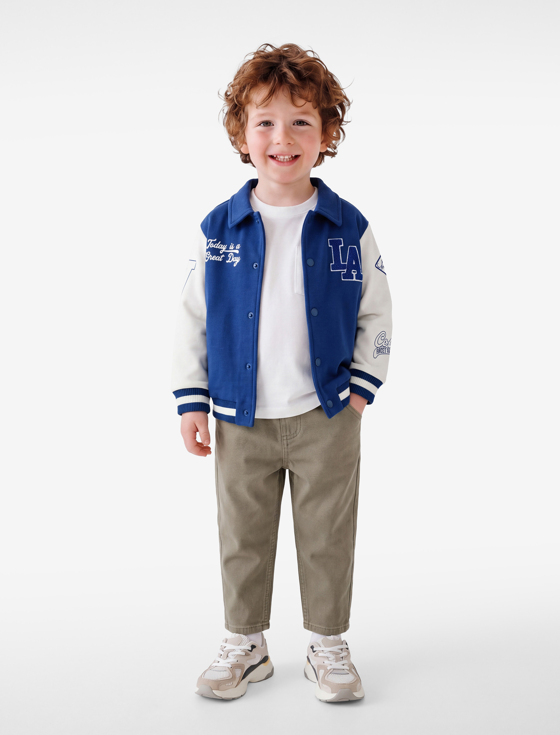  Erkek Bebek Nakışlı Şardonlu Düğmeli Uzun Kollu Oversize Polo Yaka Kolej Ceket