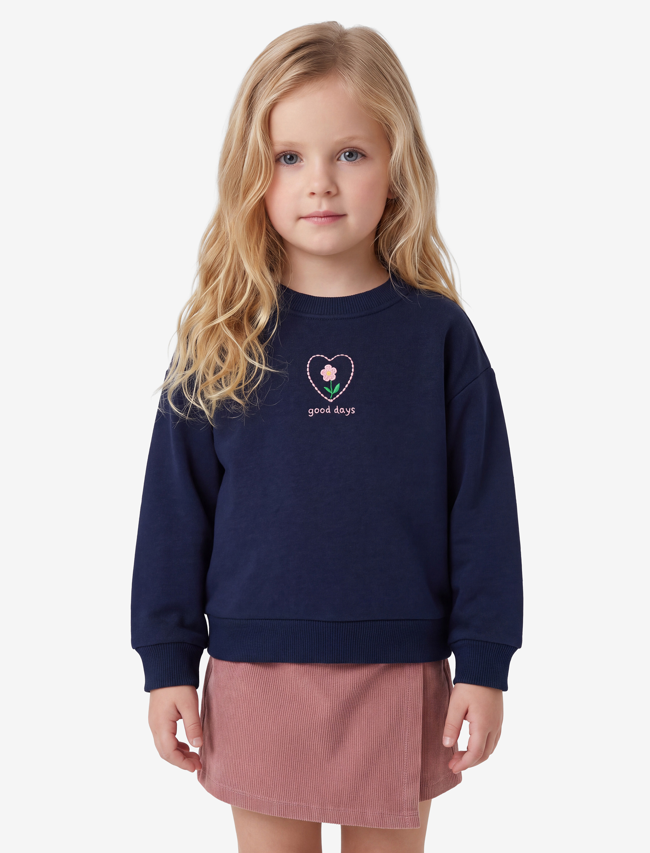  Kız Bebek Şardonlu Uzun Kollu Bisiklet Yaka Çiçek Nakışlı Sweatshirt