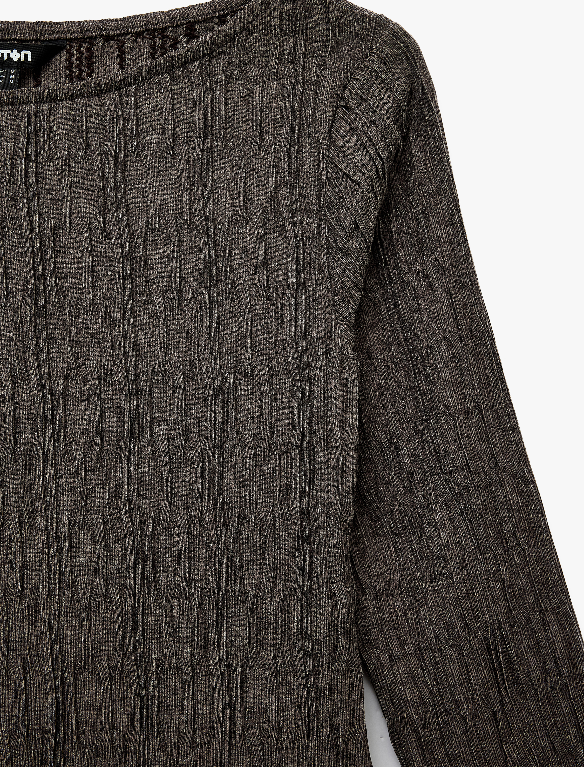   Slim Fit Bürümcük Kumaş Uzun Kollu Kayık Yaka Peplum Tişört