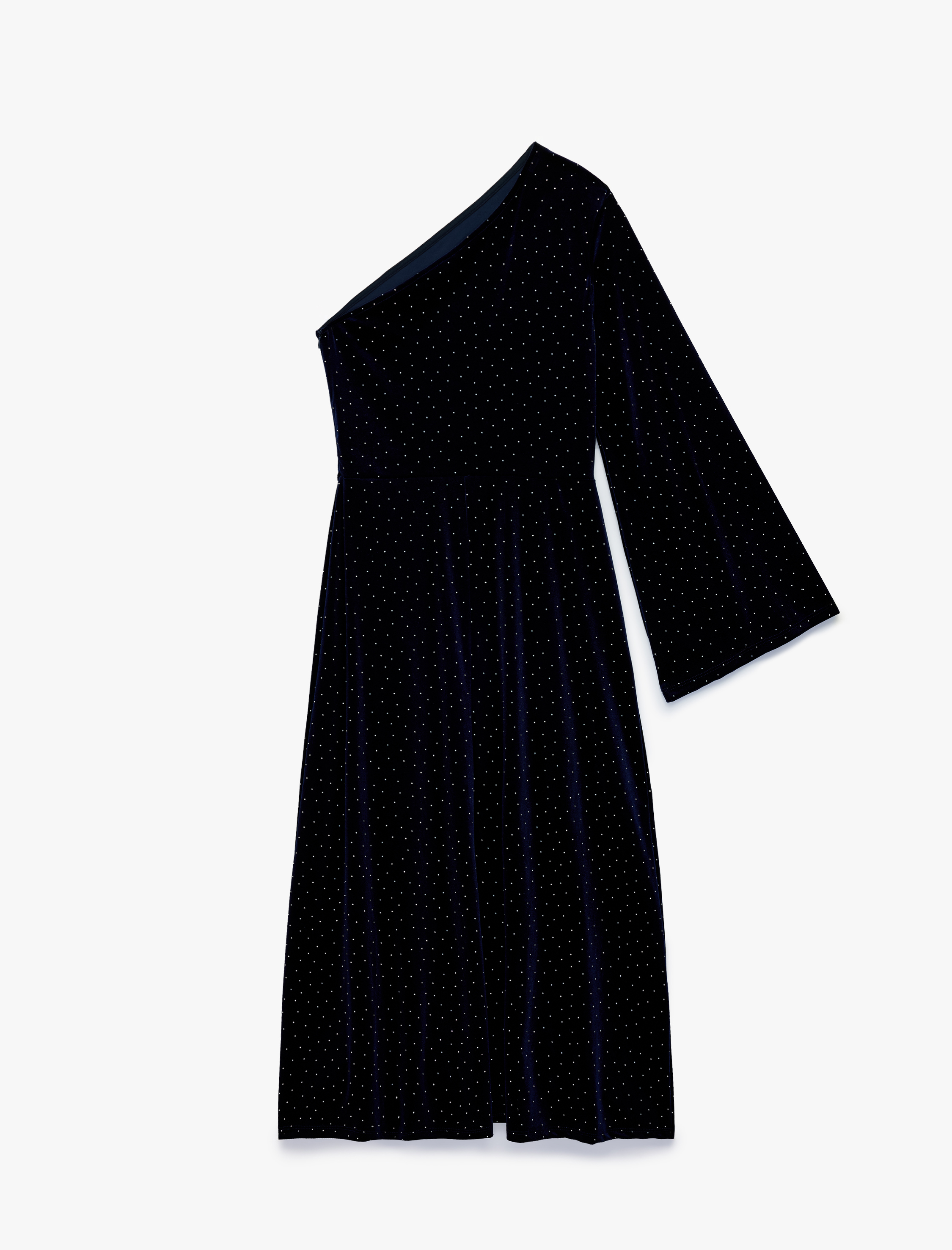   Slim Fit Uzun Kollu Taşlı Tek Omuz Midi Kadife Elbise