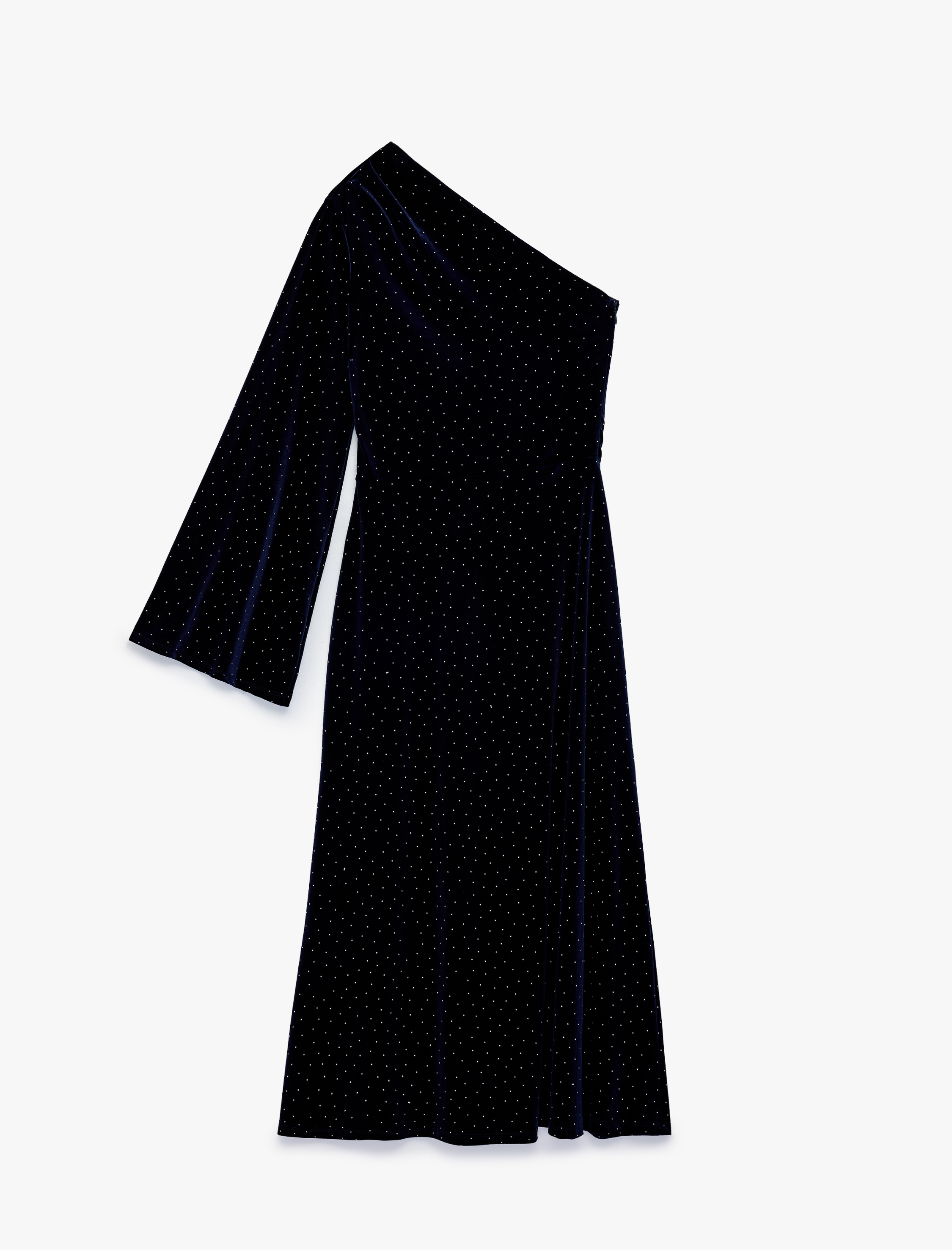   Slim Fit Uzun Kollu Taşlı Tek Omuz Midi Kadife Elbise