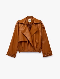 Uzun Kollu Düğmeli Crop Oversize Suni Deri Kruvaze Yaka Bomber Ceket