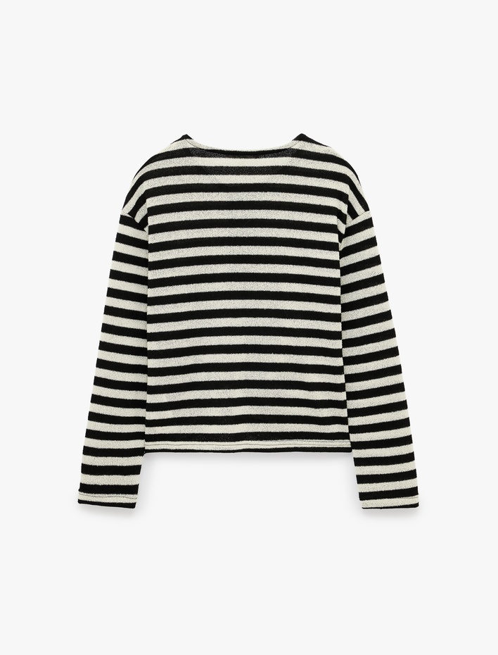  Slim Fit Uzun Kollu Düğmeli Çizgili Henley Yaka Tişört