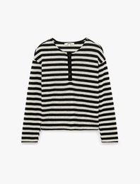 Slim Fit Uzun Kollu Düğmeli Çizgili Henley Yaka Tişört