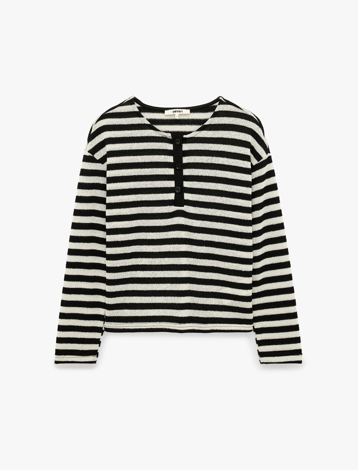  Slim Fit Uzun Kollu Düğmeli Çizgili Henley Yaka Tişört