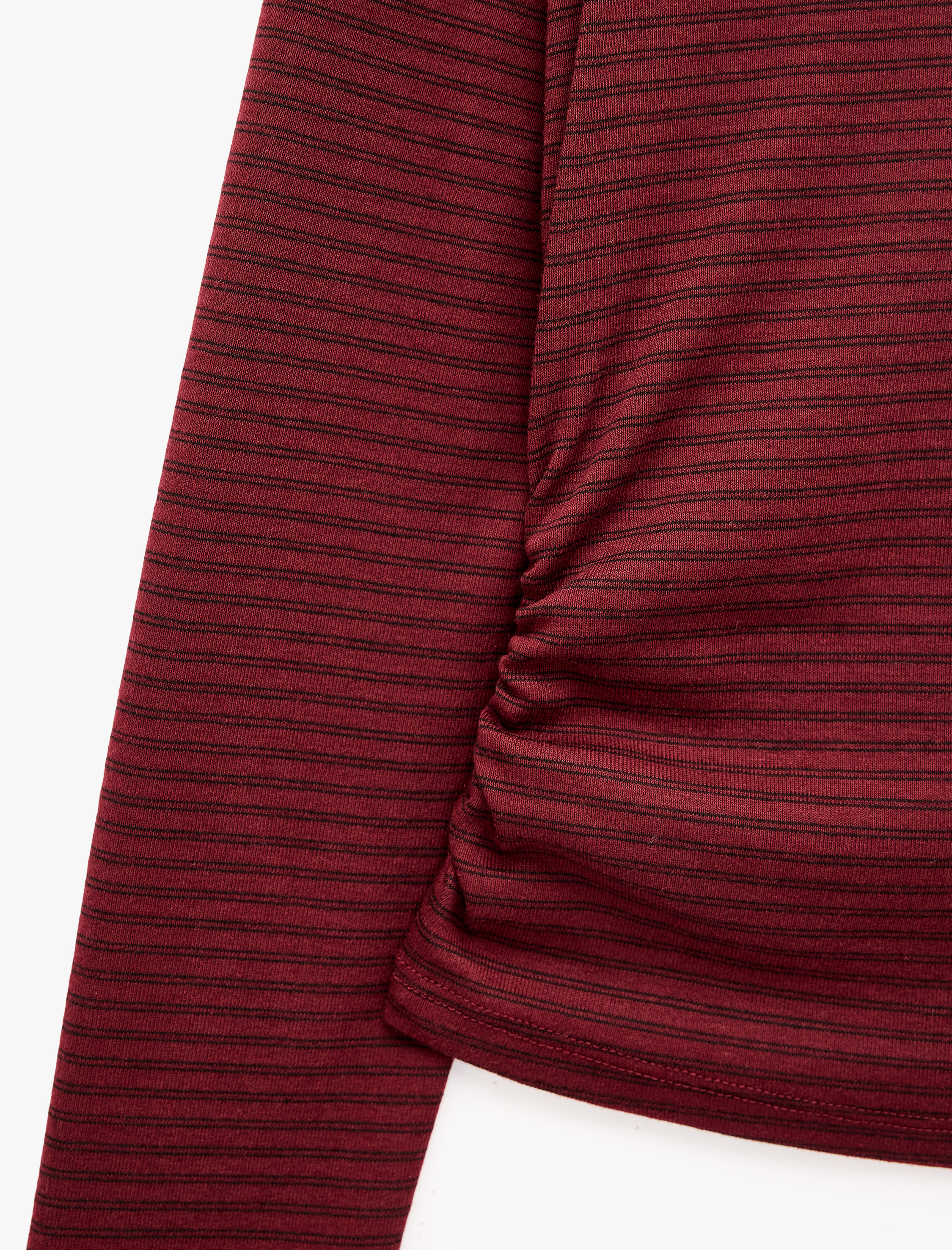   Pamuklu Slim Fit Büzgülü Kayık Yaka Uzun Kollu Çizgili Tişört