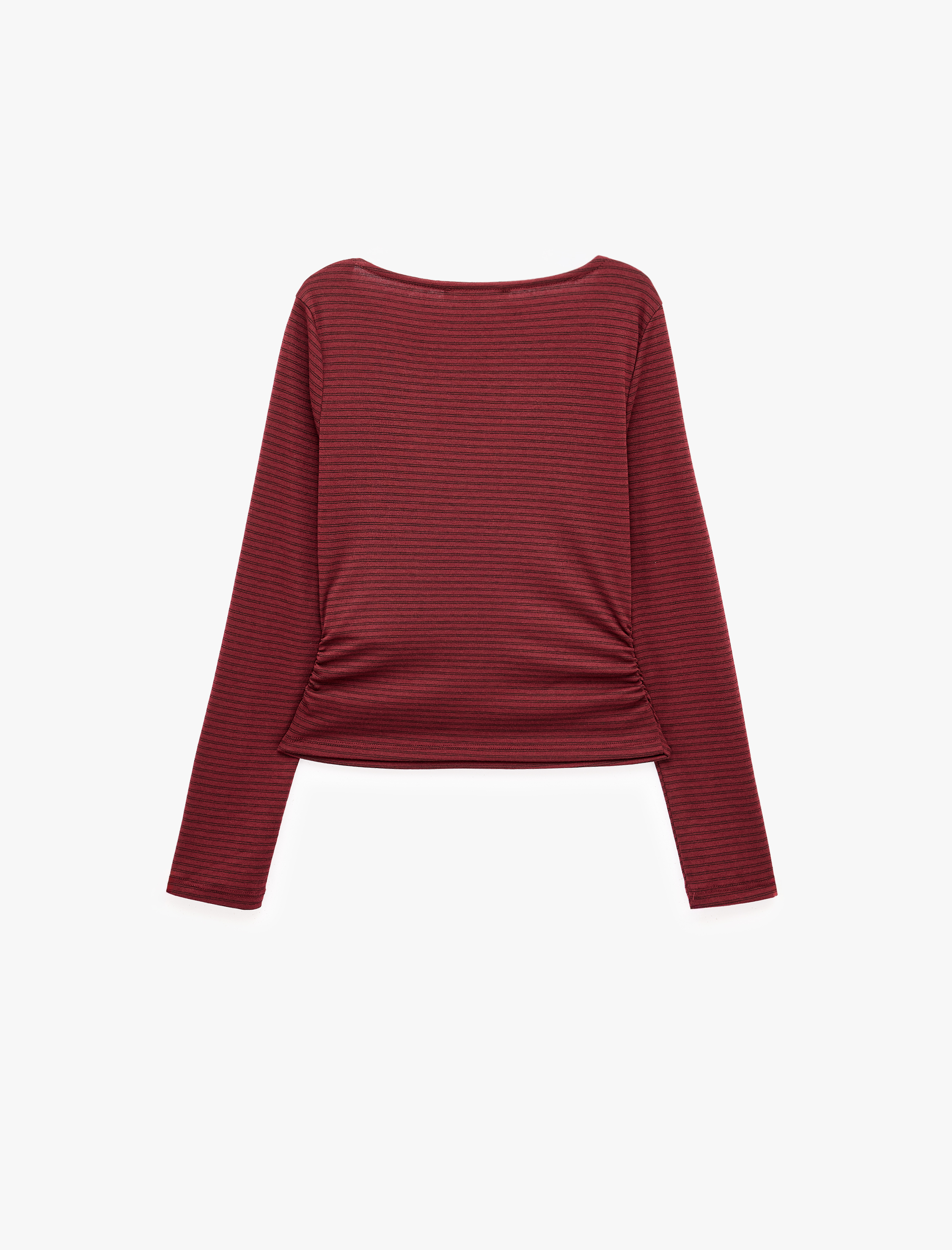   Pamuklu Slim Fit Büzgülü Kayık Yaka Uzun Kollu Çizgili Tişört