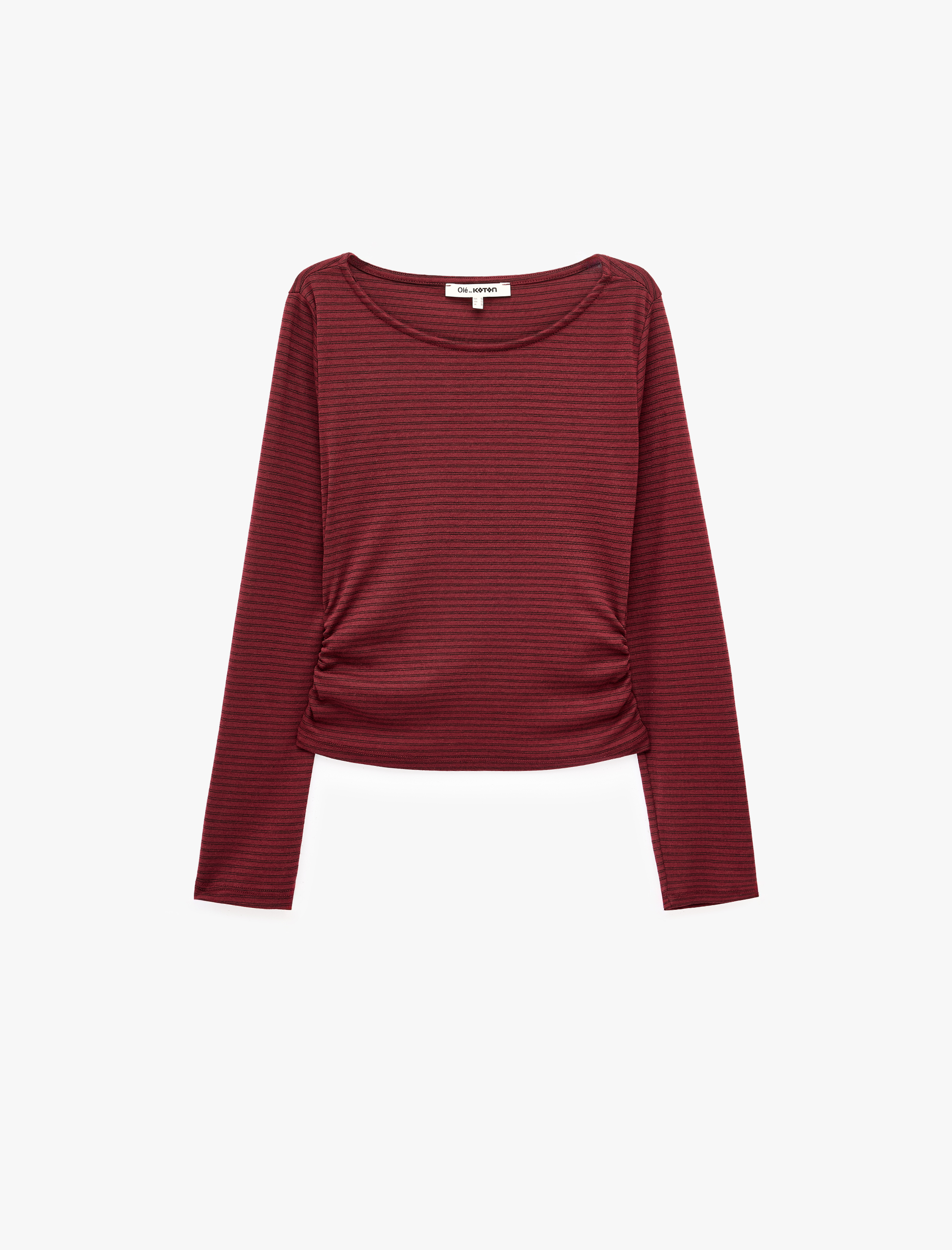   Pamuklu Slim Fit Büzgülü Kayık Yaka Uzun Kollu Çizgili Tişört