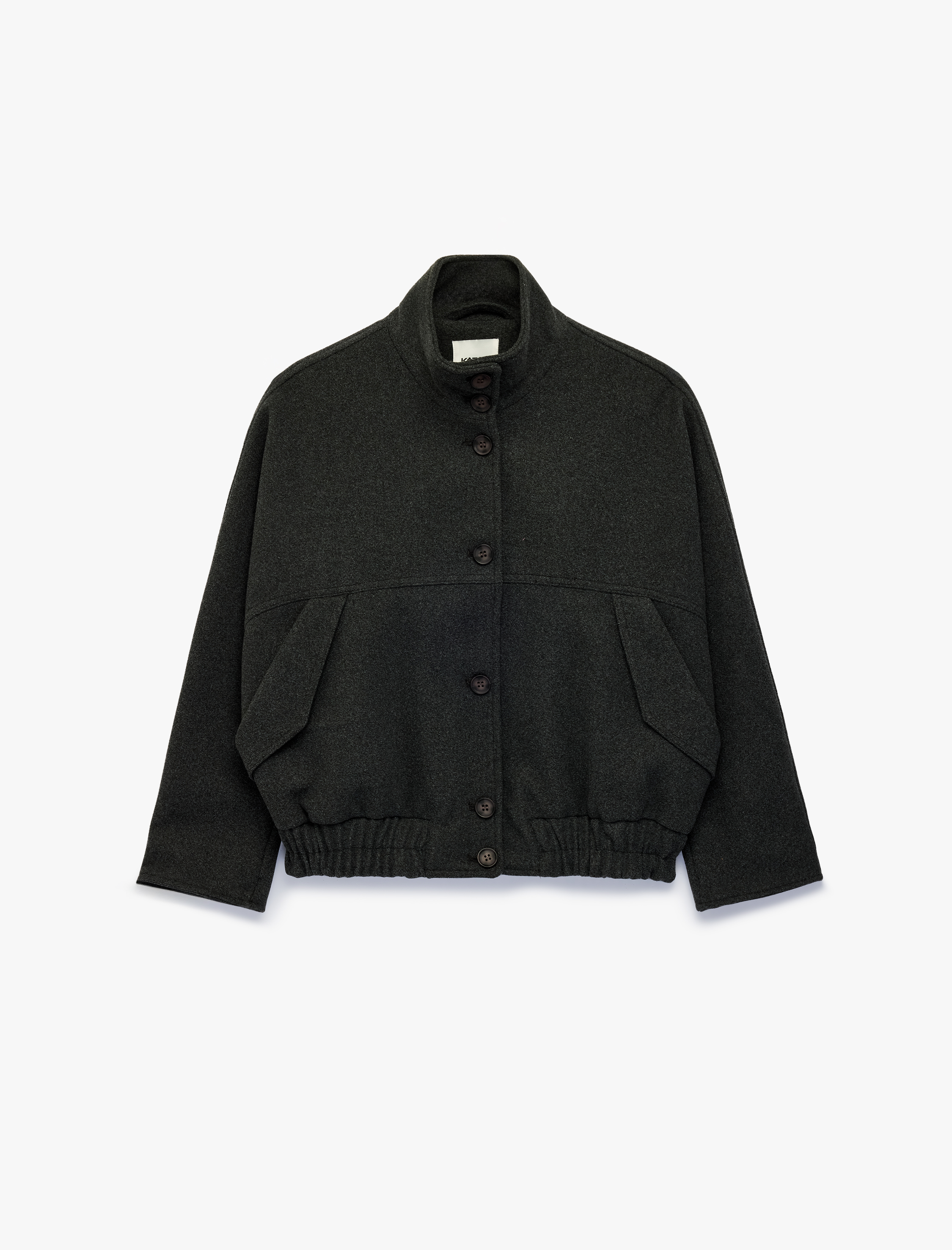   Cepli Uzun Kollu Düğmeli Dik Yaka Oversize Kaşe Bomber Ceket