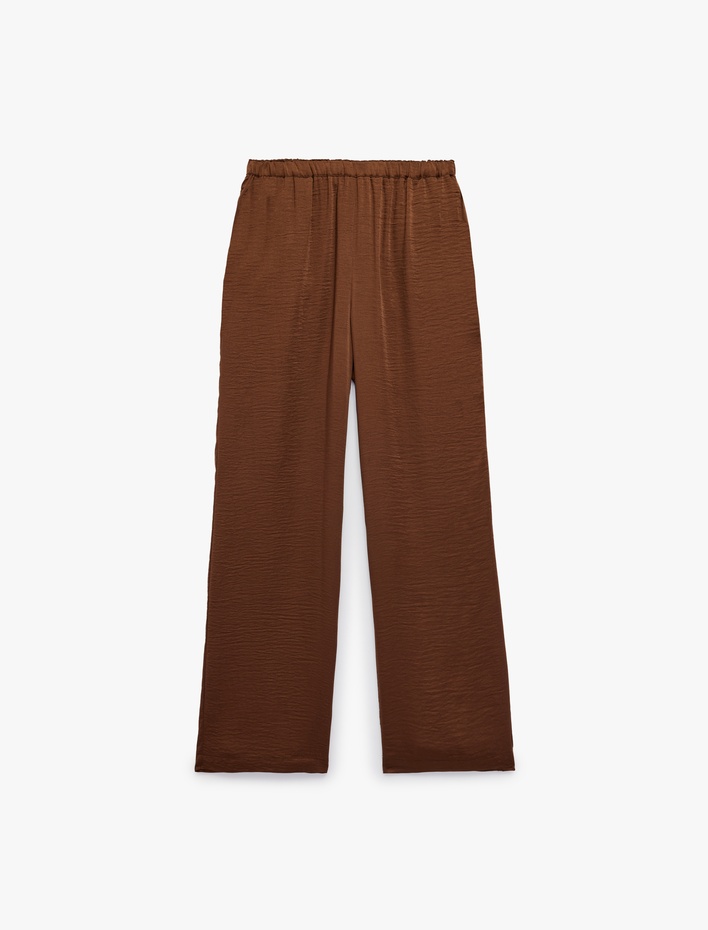  Aerobin Kumaş Beli Lastikli Cepli Geniş Paça Saten Pantolon