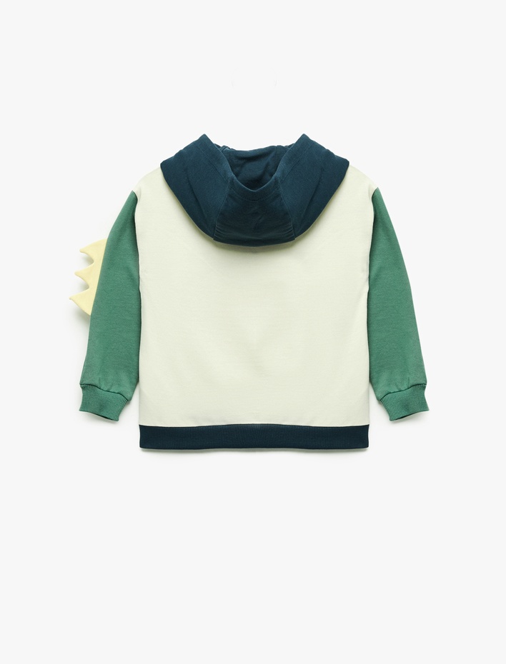 Erkek Bebek Uzun Kollu Pamuklu Şardonlu Dinozor Baskılı Kapşonlu Sweatshirt