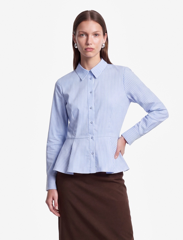  Pamuklu Regular Fit Düğmeli Uzun Kollu Klasik Yaka Peplum Çizgili Gömlek