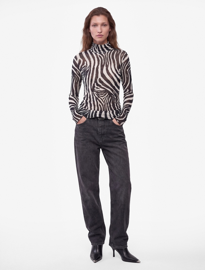  Slim Uzun Kollu Zebra Desenli Dik Yaka Bluz