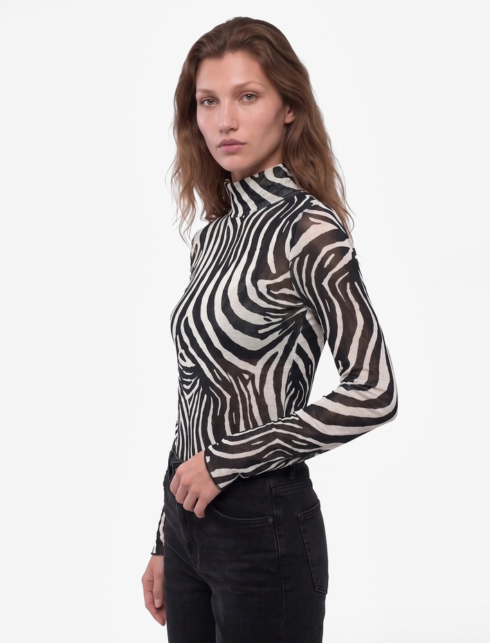  Slim Uzun Kollu Zebra Desenli Dik Yaka Bluz