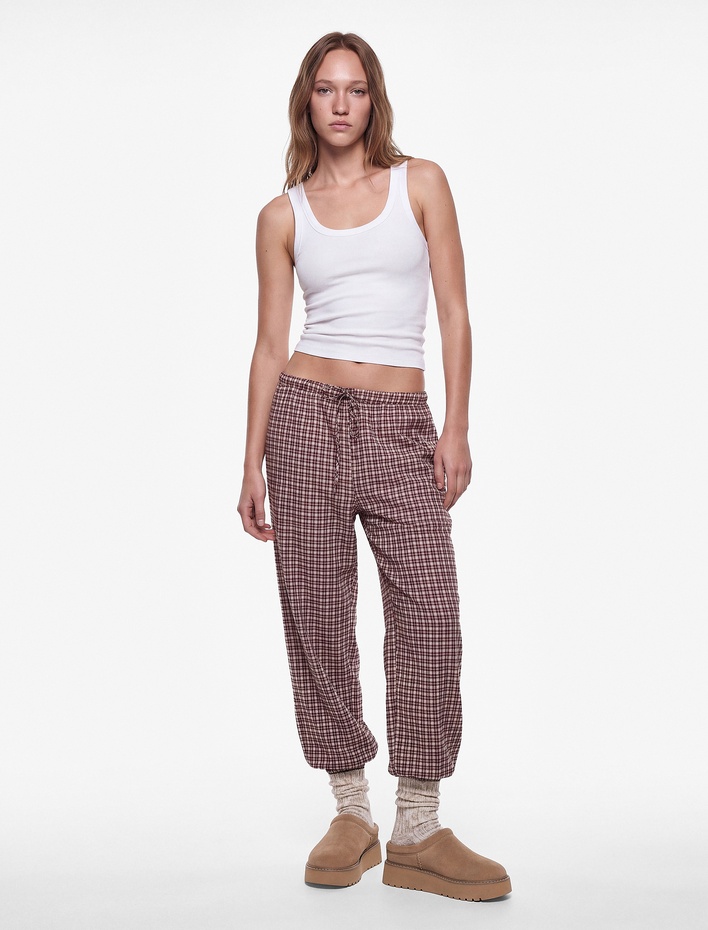  Balon Kesim Beli Lastikli Kareli Pijama Altı