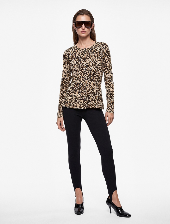  Slim Bisiklet Yaka Uzun Kollu Leopar Desenli Peplum Hırka
